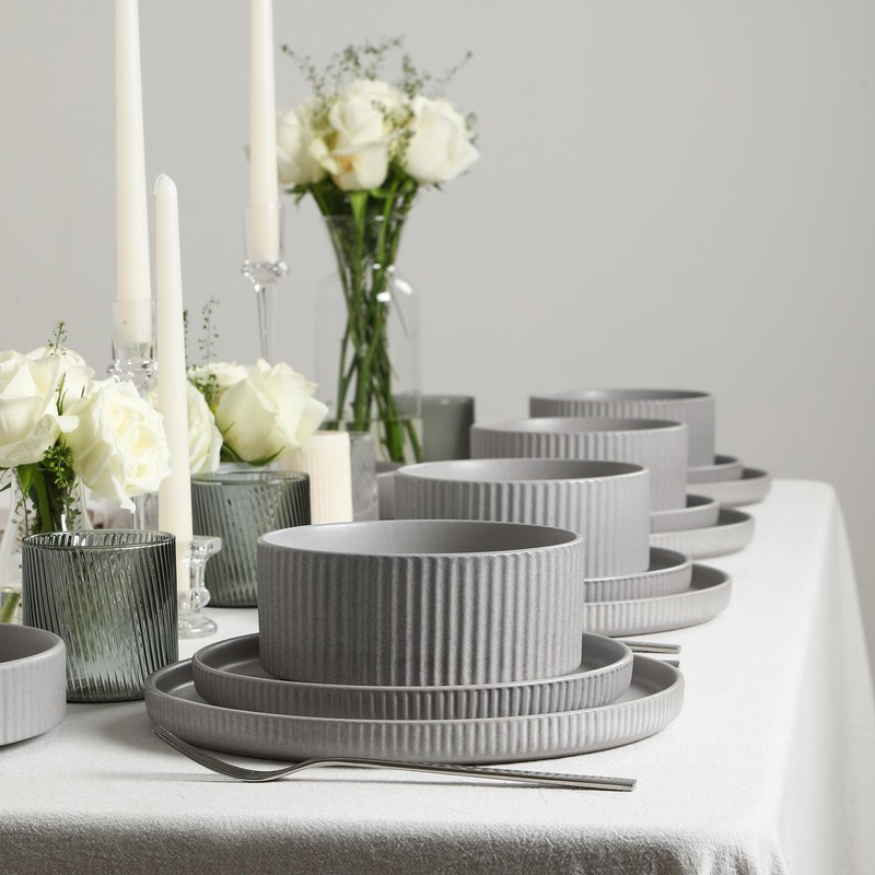 Stone Lain Haven Stoneware 12-Piece Dinnerware Set, Grey - Plates