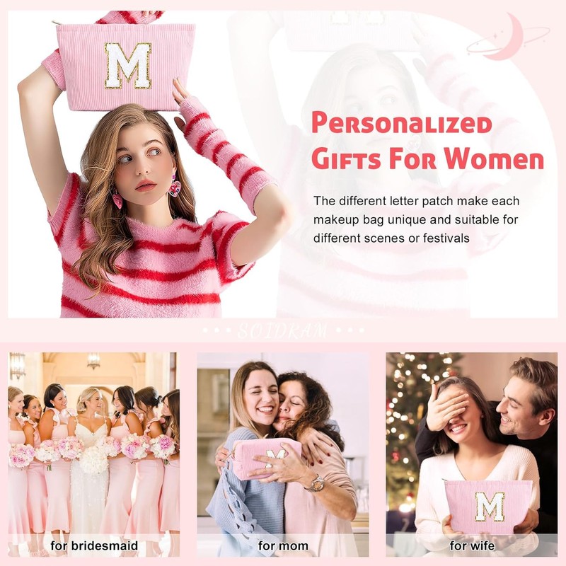 Pack of 2 Initial Makeup Bag, Corduroy Cosmetic Bag, Travel