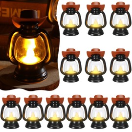 ROCEEI 12 Pieces Cowboy Hats Mini Lantern Western Cowgirl Small Lantern Decoration Retro Tiny Lamp with LED Candle Hanging Table Centerpieces Decor for Wedding Birthday Party Favor (Brown)