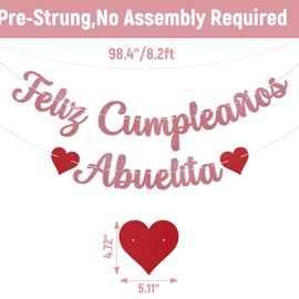 Feliz Cumpleaños Abuelita Banner - Spanish Happy Birthday Grandma Banner, Grandma Birthday Party Decorations Rose Gold Glitter