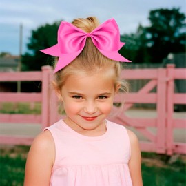 KICOSY 2 Pack Hot Pink Jumbo Bow Hair Ties - Big Cheer Bows for Ponytails, Pigtails & Cute Hairstyles, Elastic Hair Bands for Girls