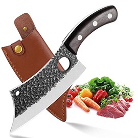 DRAGON RIOT Hand Forged Butcher Knife Meat Cleaver with Leather Sheath Outdoor Camping BBQ Knife Hammered Chopper Boning Knife with Finger Hole Kitchen Chef Knife with Gift Box (A-Cleaver)