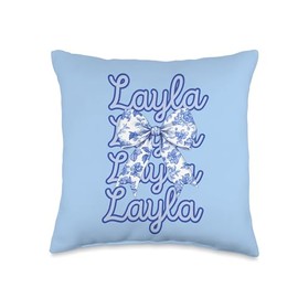 LAYLA Name Coquette French Big Blue Floral Bow Girly Girl Throw Pillow