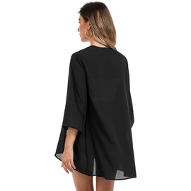 Irevial Women's Chiffon Kimono Cardigan, 3/4 Sleeve, Bikini Cover Up, Floral Print, Lightweight, Open Front Beach Vest for Summer, Plain black