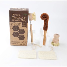 TXV Mart Eco-Friendly Natural Wooden Kitchen Cleaning Brush Set, 5 Piece, Wooden Dish Cleaning Brush Set, Loofah Dish Sponges, Dish and Bottle Scrubber Brushes