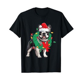 French Bulldog Santa Hat Wreath Christmas Lights T-Shirt for Men Women Kids
