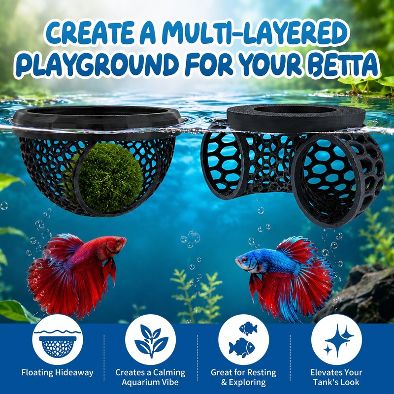 Floating Betta Fish Hideout Set, Tunnel Cave & Resting Hideaway