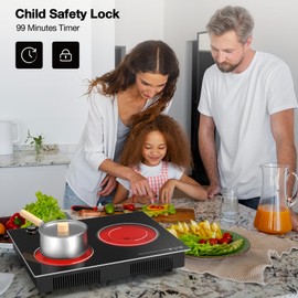 VBGK Electric Cooktop,2100W Built-in & Countertop 2 Burner Electric Cooktop,Electric Stove Top with10 Heating Level, Timer & Kid Safety Lock, LED Knob Touch Control Electric Burner (with Plug)