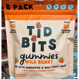 TiDBiTS Wild Berry Gummy Candies 8 Pack, Low Sugar, Low Calorie, Plant-Based Fiber, Prebiotics, No Artificial Sweeteners