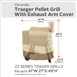 Classic Accessories Veranda Water-Resistant 41 Inch Traeger Pellet BBQ Grill with Exhaust Arm Cover