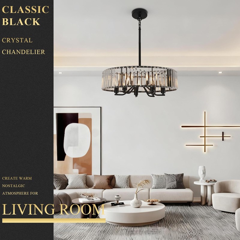 Black Crystal Chandelier for Dining Room, 6-Light Modern Semi Flush