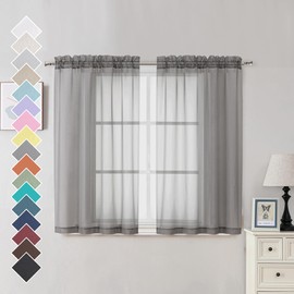 OVZME Cortinas transparentes de gasa con bolsillo decorativo para barra, paneles de tratamiento de ventana modernos aireados y limpios para cocina, cada uno de 42 pulgadas de ancho x 45 pulgadas de largo, juego de 2 paneles, gris carbón.
