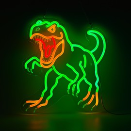 Dinosaur Neon Wall Sign - Green T-Rex LED Dinosaur Decor for Boys Room, Teen Bedroom, Dinosaur Party, Kids Gift, 14.5x13.6" USB Powered