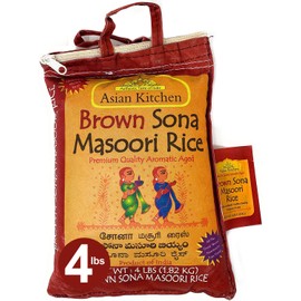 Asian Kitchen Brown Sona Masoori Aged Rice 4-Pound Bag, 4lbs (1.81kg) Short Grain Rice ~ All Natural | Gluten Friendly | Vegan | Indian Origin | Export Quality