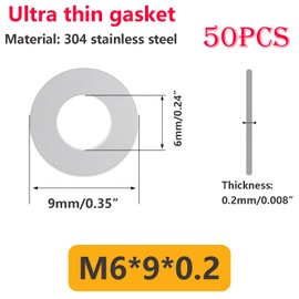Qrity 50 PCS 304 Stainless Steel Flat Washers, M6 Ultra Thin Spacers Shim Washers, 6x9x0.2mm Round Spacer, Repair Washer for Screws & Bolts