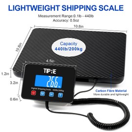 TIPRE Digital Shipping Postal Scale 440lb/0.5oz Accuracy! Lightweight Carbon Fibre Commercial Weight Scale for Package, Small Business, Mail, Warehouse, Home, Luggage, Battery&Charging Cable Included