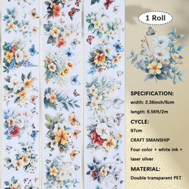 CRASPIRE Flower Stickers Tape Laser Floral Tapes 2m Long Butterfly Vintage Decorative Junk Journal Masking Clear PET Tape for Journaling Scrapbooking Planner Crafting Diaries Art Supplies Decoration