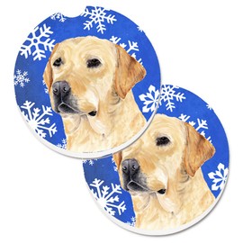 Caroline's Treasures SC9376CARC Labrador Winter Snowflakes Holiday Set of 2 Cup Holder Car Coasters Absorbent Sandstone Coasters for Car Cup Holders Gifts for Men or Women, Large, Multicolor