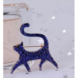 Cat Pin Brooch, Proud Rhinestone Cat with Tail Up High (Blue)
