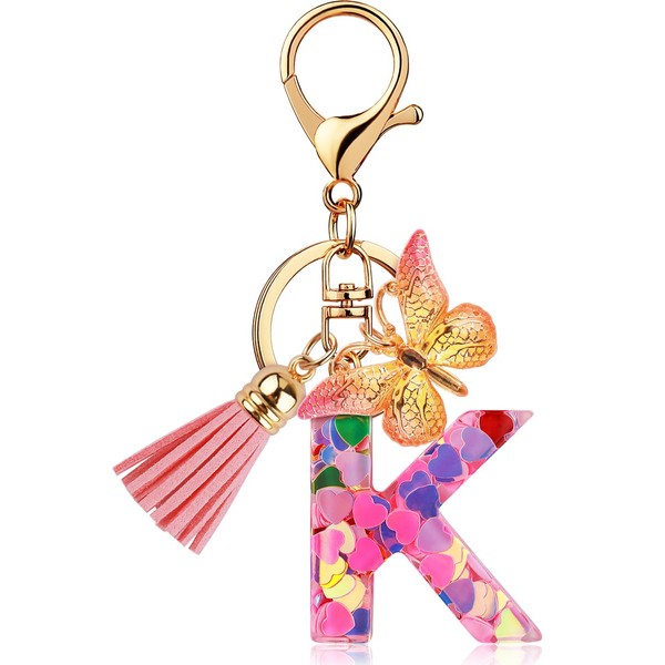 Initial Letter Keychain for Women Gift Cute Butterfly Tassel Resin