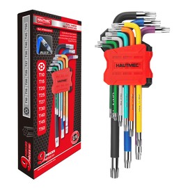 HAUTMEC 9PCS Torx Star Key Set, T10-T50 Star Allen Wrench with Visible Size Coding, CR-V Steel, Drilled Tips & Non-Slip Colorful Handles for Automotive, Bike, Furniture Repair