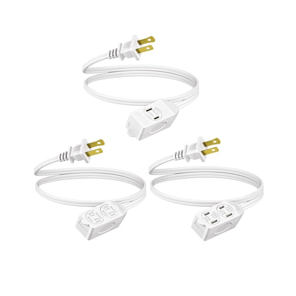DEWENWILS 3 Foot Extension Cord, 16 AWG SPT-2 Power Cable for Indoor Use, 2 Prong Outlets Plugs for Christmas Decor and Lights, NEMA 5-15P to NEMA 5-15R, White, ETL Listed, 3 Pack