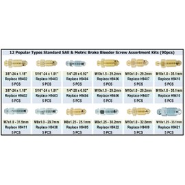 Dsnaduo 12 Types Brake Bleeder Screws,Bleeder Valve,Bleeders, Caliper Bleeder Screw, Fit for Ford,Dodge,Chrysler,Toyota,90-Pieces SAE & Metric Bleeding Screws Bleed Kit