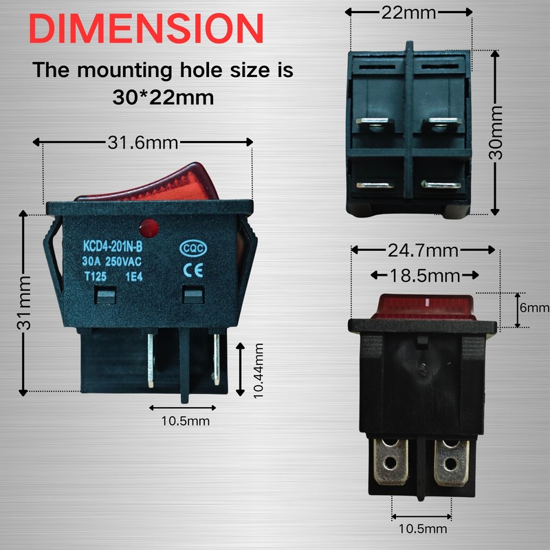 30A 250V KCD4 Rocker Switch DPST 4 Pin Red Lighted