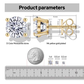 Moissanite Stud Earrings, Diamond Stud Earrings for Women, Hypoallergenic, S925 Sterling Silver, 18K White Gold Plated, 2-0.3 Carat, Diamond Stud Earrings, Gift for Men (Yellow Gold, 1 Carat