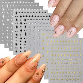 12 Sheets Star Nail Stickers Gold Silvery Nail Decals for Nails Art Black White Design Nail Supplies 3D Self-Adhesive Nails Decoration for Women