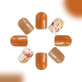 Fall Nails Short Press on Nails Square Fake Nails Warm Brown Glitter Acrylic Nails Press ons Cute Floral Glossy False Nails Full Cover Glue on Nails Floral Stick on Nails for Women 24 Pcs