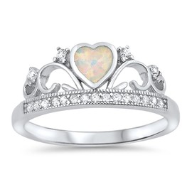 White Simulated Opal Heart Tiara Crown Promise Ring Sterling Silver Band Size 11