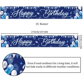 Happy Birthday Decorations Yard Banner - Blue Silver Birthday Decoration Banners for Women Men, Large Garden Sign Backdrop for Party Suppiles(274X37cm)