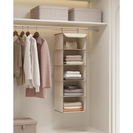 SONGMICS Hanging Organizer Closet Organizer Hanging Shelf Hanging Storage Foldable Space Saving Metal Hooks and Bamboo Inserts Linen Like Texture Sand Beige RCH005Y01