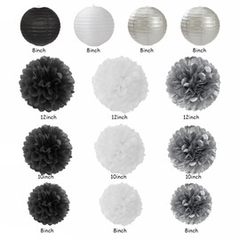 Black White Silver Party Decorations - 20pcs New Year Men Birthday Paper Lanterns Fans,Tissue Pom Poms,Honeycomb Balls,Bunting,Wedding Bachelorette Bridal Graduation Baby Decor Burgleda