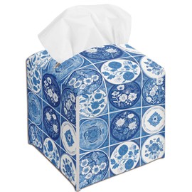 Floral Decorative Tissue Box Cover Square, Blue White Flower Leather Tissue Box Cover Holder, Housewarming Gift Ideas for Friends, Home Bathroom Office Car Decor-(5.2 Inches) A11