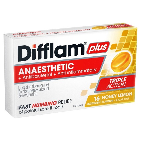 Difflam Plus Anaesthetic Sore Throat Lozenges Honey & Lemon Flavour X 16