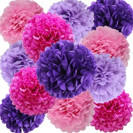We Moment Purple Pink Paper Pom Poms for Purple Pink Girl Party Decoration Ceiling Wall Hanging Tissue Pom Poms-12pcs,4 Colors（Hot Pink,Light Pink,Deep Purple，Light Purple）of 12 Inch, 10 Inch