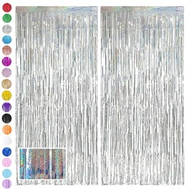 Silver Foil Fringe Tinsel Backdrop Glitter,2pcs 3.2ft x 6.5ft Silver Foil Curtain Decoration,Laser Foil Fringe Metallic Tinsel Door Hanging Foil Flow Silk Streamers for Birthday Wedding Holiday Party