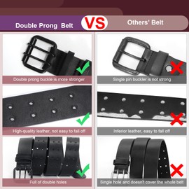 JasGood Men's Double Prong Leather Belt Casual Work Heavy Duty Belt Double Eyelets Belt for Jeans, E-black(black buckle)