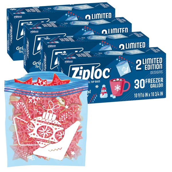 Ziploc Gallon Food Storage Freezer Bags, New Stay Open Design with Stand-Up Bottom, Easy to Fill, Holiday Packaging May Vary, 30 Count (Pack of 4)