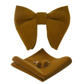 PACGOTH Bow Ties for Men Pre-Tied Bow Tie Vintage Tuxedo Oversized Velvet Bow Ties Cufflinks Pocket Square Sets With Gift Box (Light Brown)