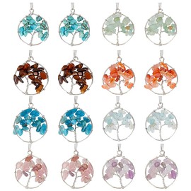 PH PandaHall 16pcs 8 Styles Tree of Life Pendant Natural Stone Pendant Colorful Gemstone Charms Round Crystal Charms Pendant for DIY Necklace Earring Christmas Thanksgiving Birthday Jewellery Making