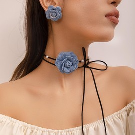 Denim Flower Necklace and Earring Set Beaded Lace-Up Choker 925 Sterling Silver Post Stud Earrings Navy Blue Tie Collar Choker Statement Earrings Jewelry Sets for Women