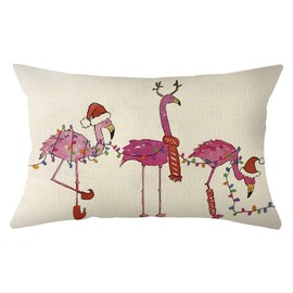 Ogiselestyle Watercolor Flamingo Christmas Lumbar Throw Pillow Cover, 12 x 20 Inch Winter Xmas Holiday Cushion Case Decoration for Sofa Couch