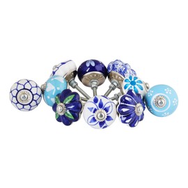 VMS CRAFTS Ceramic Door Knobs Pack of 10 Blue/White Antique Hand Painted Boho Design, Dresser, Drawer Furniture Decorative, Kitchen Handles, Ceramic Cabinet Knobs