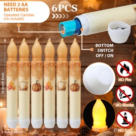 Baquler 6 Pcs Thanksgiving Flameless Candles 6.5 Inch Short Fall Pumpkin Maple Leaf Taper Candles Battery Operated LED Candlesticks for Autumn Thanksgiving Dinner Table Centerpiece Home Party Decor