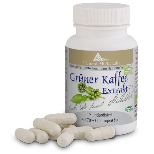 Green coffee extract, per capsule + 200 mg green coffee extract + 140 mg chlorogenic acid + at least 70% coffee polyphenols + 18,000 mg extract per tin + pure natural product - no additives, 90 vegan capsules