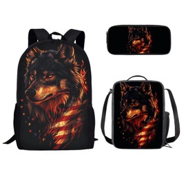 TSOVTHRID Wolf Backpack with Lunch Box American Flag Bookbag and Lunch Box Set for Boys 3 in 1 Lightweight Insulated Lunch Bag for School 17 Inch Cool Travel Rucksack