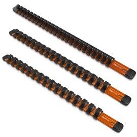 Olsa Tools Aluminum Socket Organizer, 3pc Set - Orange Socket Holder Kit 1/2-Inch, 3/8-Inch, and 1/4-Inch Drive - Holds 58 Chrome or Impact Sockets - Professional Grade Socket Rails - Part: 1106